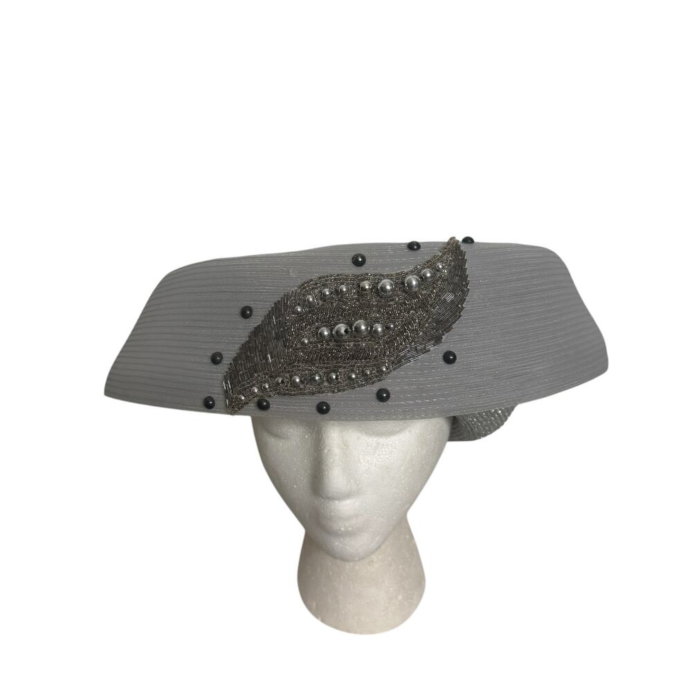 Vintage Sandra Silver Wide Brim Church Derby Hat Beaded Statement - Picture 6 of 11